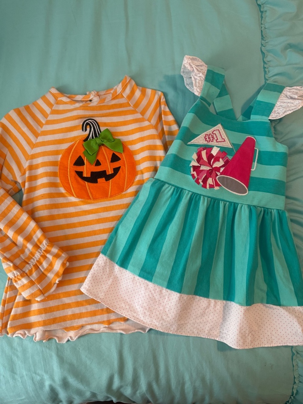 Kids Halloween Pumpkin Tee & Teal Striped Dress Set
